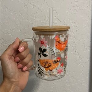 Chicken Print Glass Tumbler with Straw